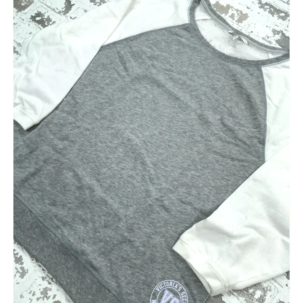 Victoria Secret Sweatshirt Women Large Gray White Sweater Open Mesh Back Gym Top - Picture 4 of 10